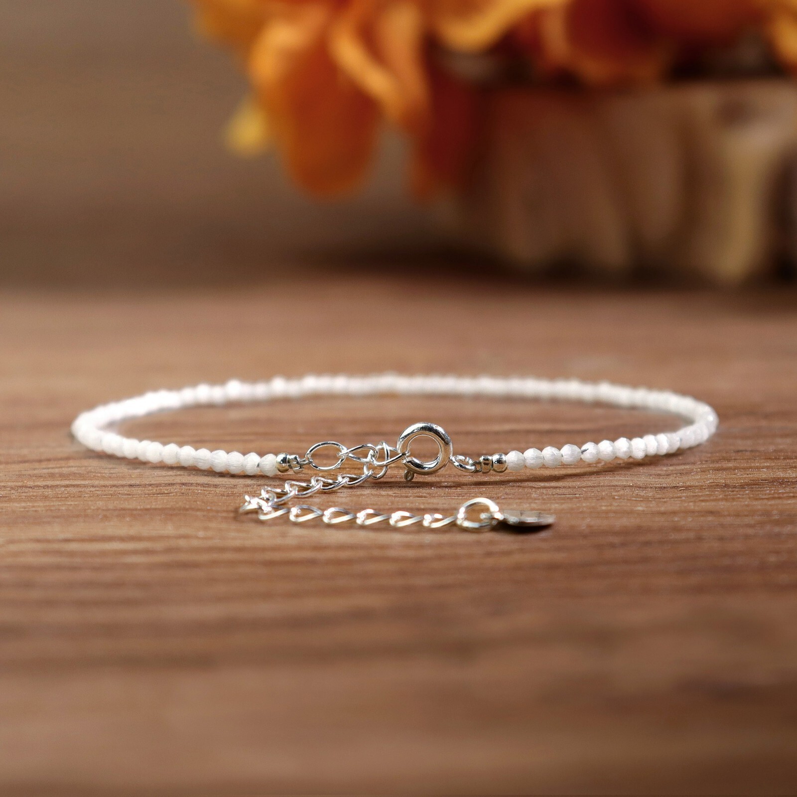 Natural Selenite 2mm Beads Dainty Minimalist Healing Bracelet in Sterling Silver gallery