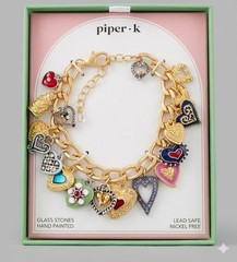 Piper . K Bracelet Glass Stones Hand Painted Lead Safe Nickel Free Heart Shapes