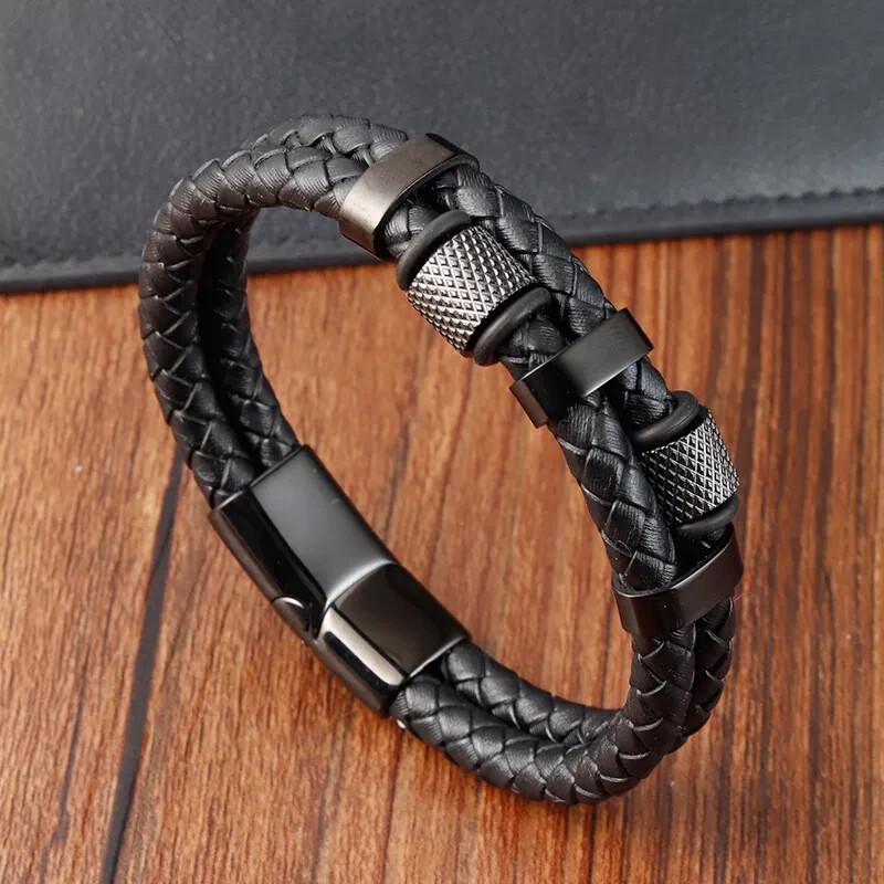 Men's Stainless Steel Leather Braided Bracelet Magnetic Clasp Bangle Wristband gallery