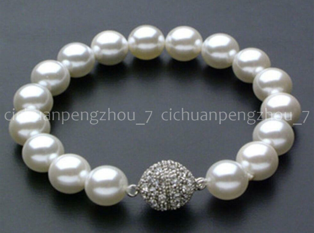 8/10/12/14mm White South Sea Shell Pearl Round Beads Bracelet 7.5'' Magnet Clasp gallery