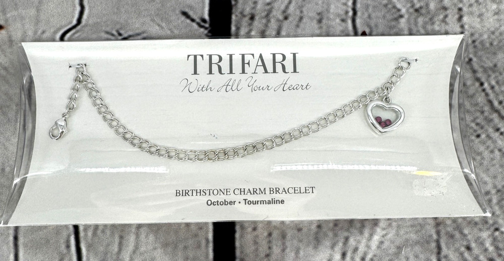 Vtg Trifari With All Your Heart October Charm Bracelet 7.5" Simulated Tourmaline