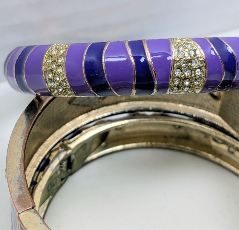 Purple Enamel Hinge Clamper Bangle Set Sequin 3pc Bracelet Rhinestone Bendel Era gallery