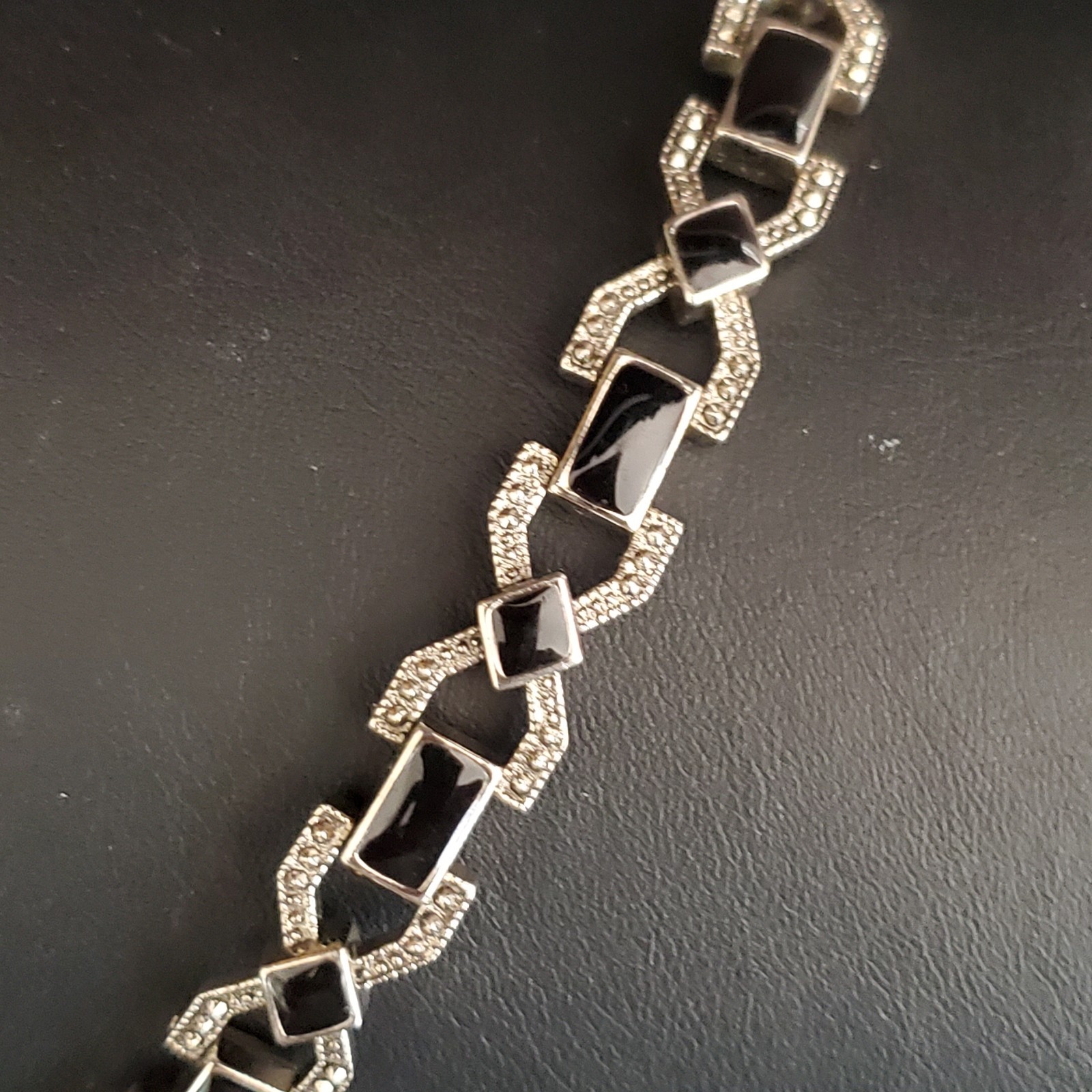 Unbranded Marcasite Tennis Bracelet Faux Black Onyx Silver Tone Setting Classic gallery