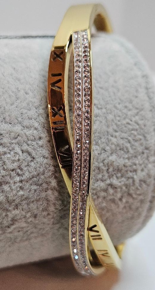 Bracelet Bangle GoldPlate Overlapping Bands Roman Numerals & Pave Set CZ Stones gallery
