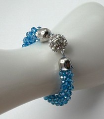 Blue Crystal Beaded Bracelet, Silver Tone Pavé Rhinestone Magnetic Clasp, 7″