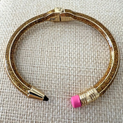Betsey Johnson Gold Glitter Pencil Hinged Cuff Bracelet Teacher School Fashion