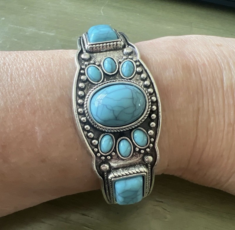 Turquoise Cuff Bracelet Western Boho Silvertone Jewelry gallery