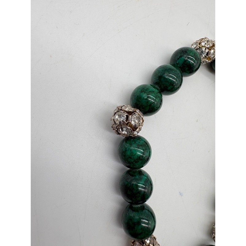 Green Beaded Stretch Bracelet Silver Rhinestone Filigree Accents gallery