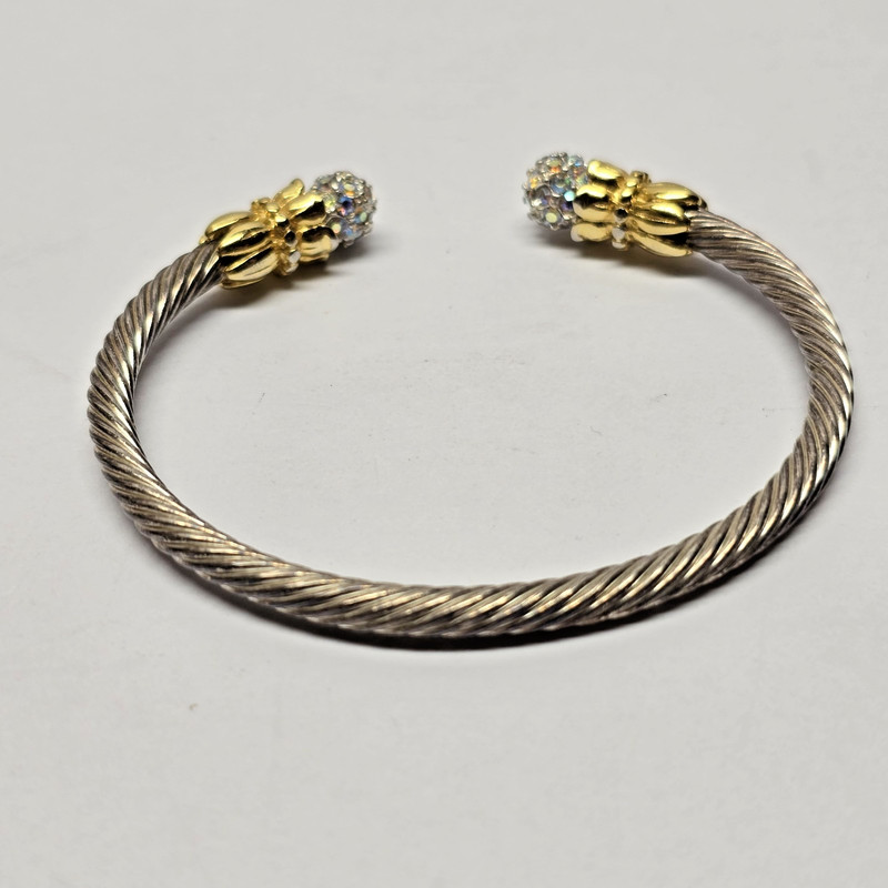 Silver Tone Twist White Rainbow Rhinestone End Open Cuff Bracelet gallery
