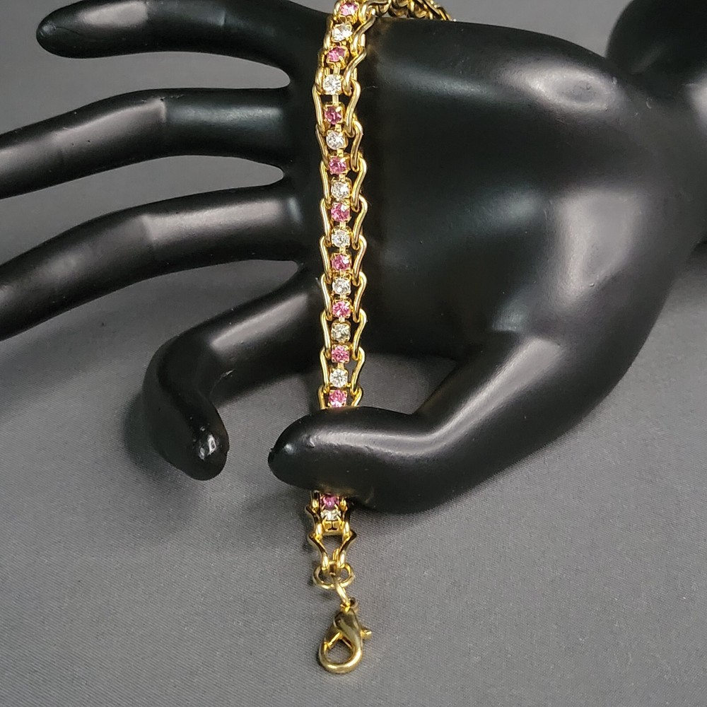 Womens Gold Tone Pink Clear Crystal Caged Tennis Fashion Bracelet 6 1/2 in