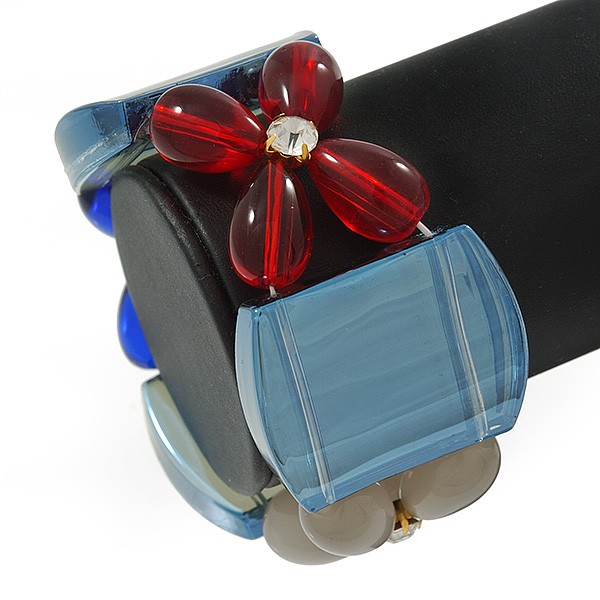 Blue, Red, Cream Floral Resin Stretch Bracelet - up to 20cm L gallery