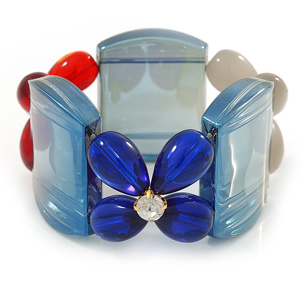 Blue, Red, Cream Floral Resin Stretch Bracelet - up to 20cm L gallery