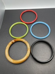 Lot Of 5 Glass Bangles Various Sizes And Colors Blue, Red, Green, Black, Brown