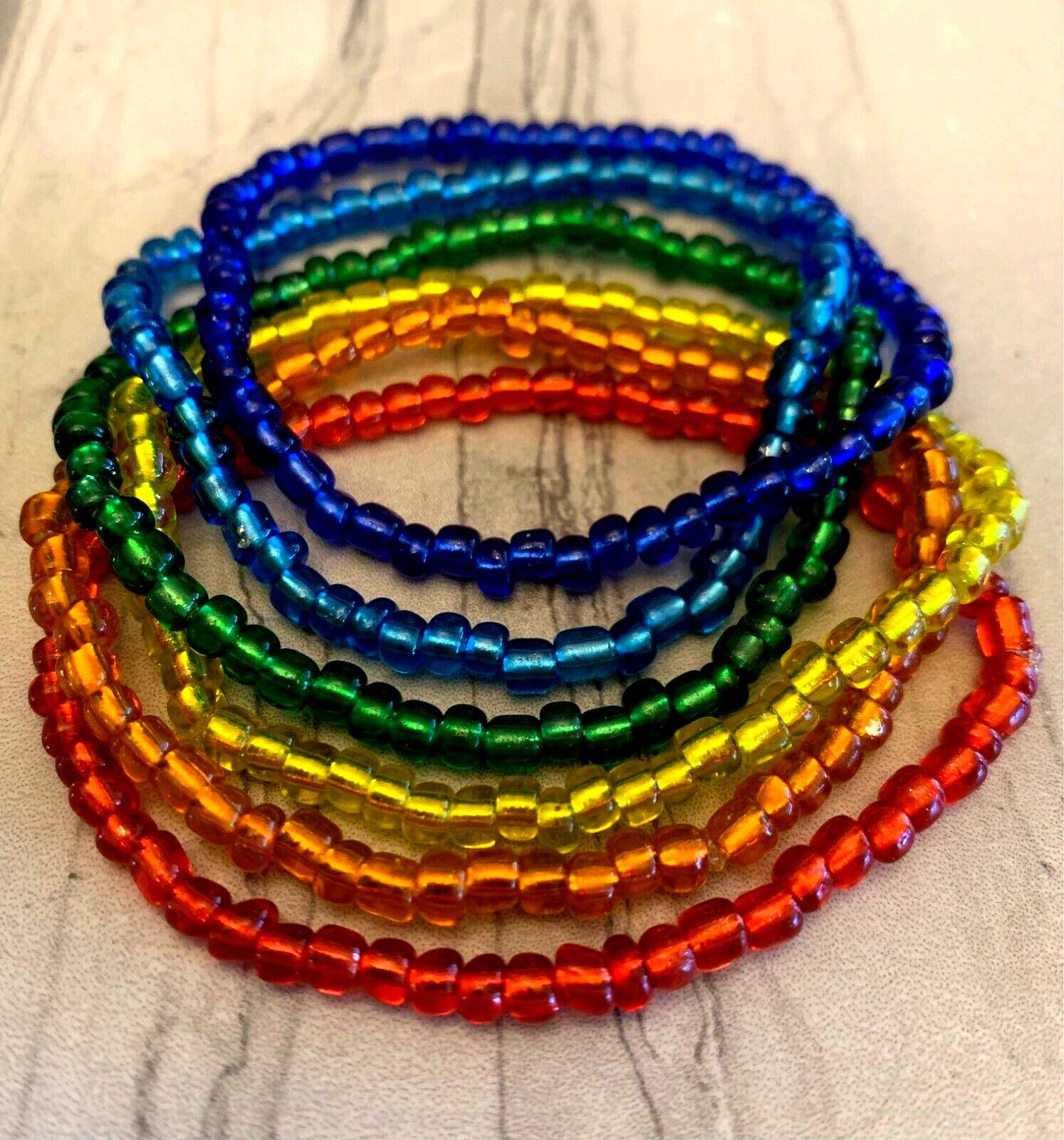 Rainbow Silver Lined Seed Bead Stretch Bracelets Red Blue Green Yellow Set of 6 gallery