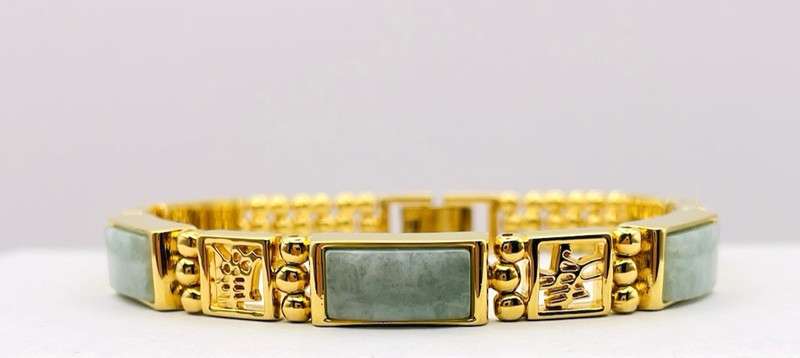 Gold Plated Jadeite Panel Link Bracelet signed China gallery
