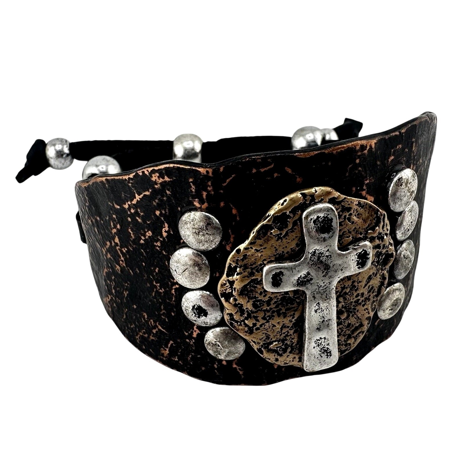 Rustic Unisex Cross Hammered Metal Tri Tone Adjustable Bolo Drawstring Bracelet gallery