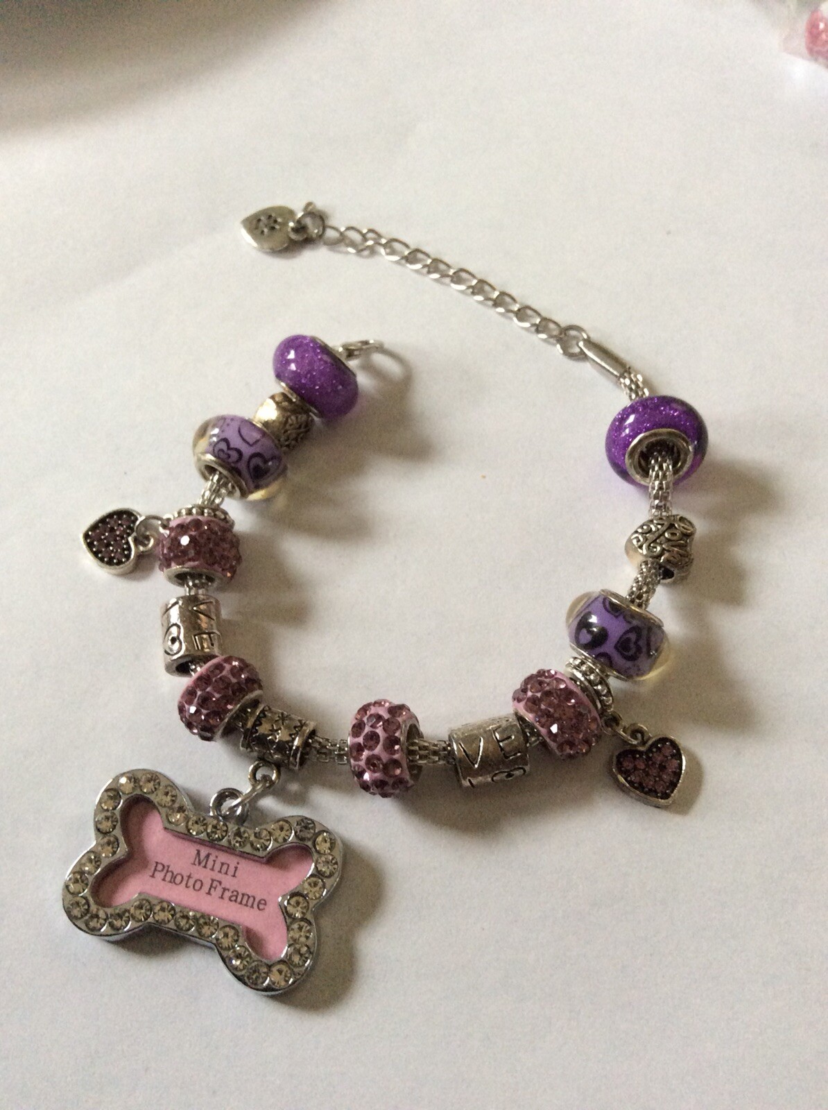 Purple Murano Glass and Pink Rhinestone Beaded Bone Mini Frame Charm Bracelet gallery