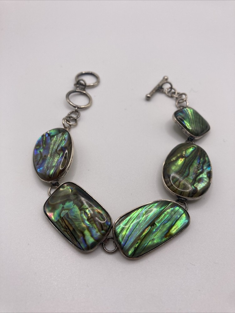 Abalone Shell Bracelet Toggle Closure Silver Metal Signed Size 7.5