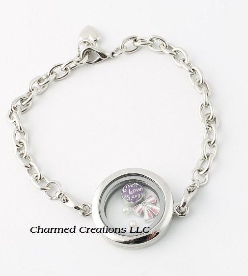 Floating Charm Memory Locket Chain Link Bracelet 25mm Mini Plain Silver Round gallery