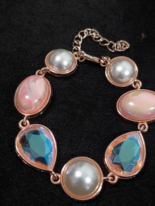 Rose Gold Tone Pink Iridescent AB Crystal Faux Pearl Bezel Tennis Bracelet 9 in gallery