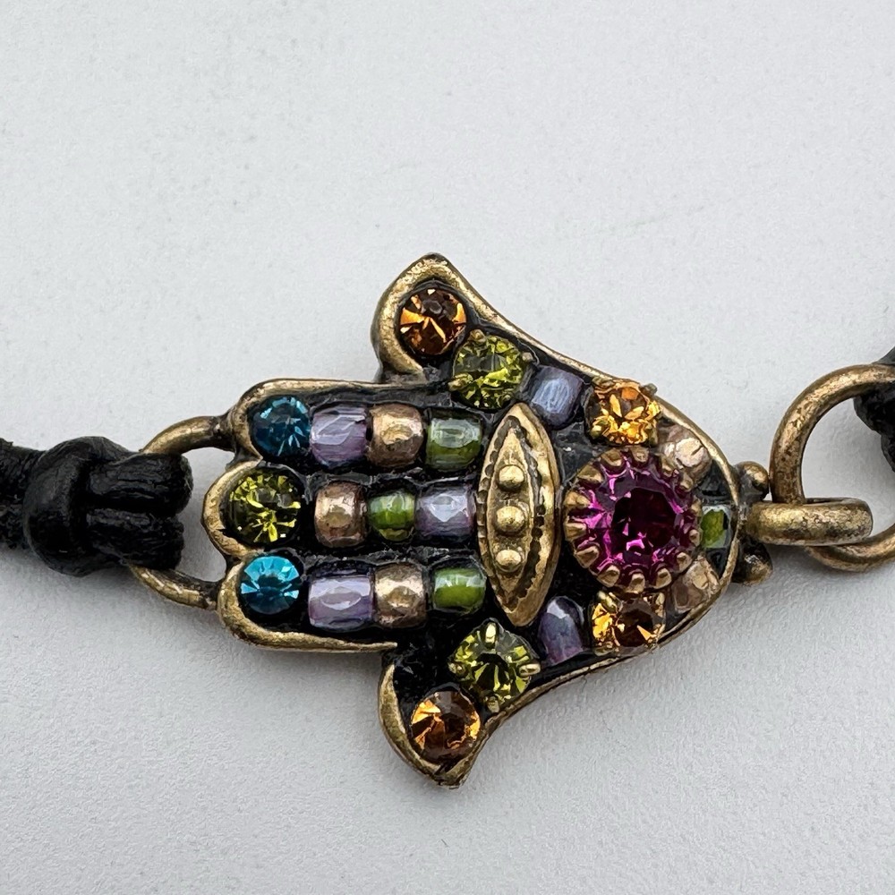 Michal Golan Hamsa Black Leather Multicolor Beaded Bracelet S-7