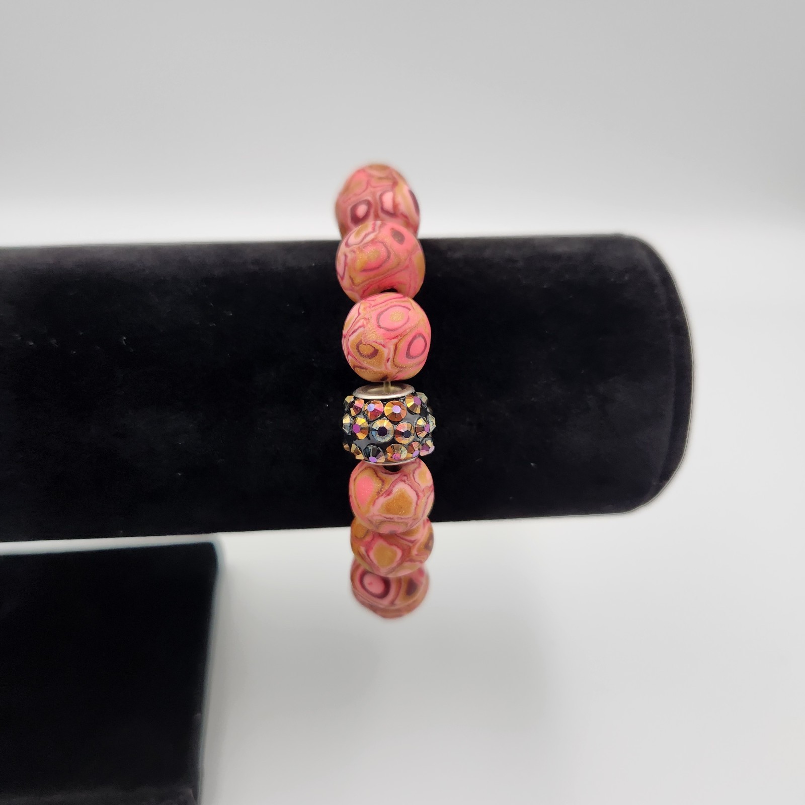 Pink Polymer Clay Large Round Marbled Design Beads Stretch Bracelet gallery