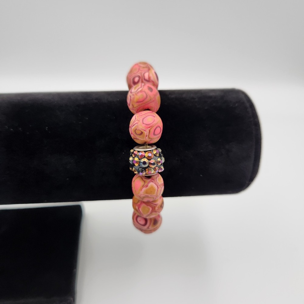 Pink Polymer Clay Large Round Marbled Design Beads Stretch Bracelet