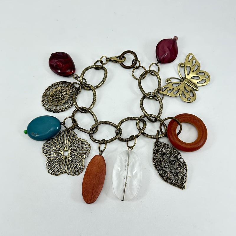 Bracelet Metal Plastic and Wood Dangling Charms on Chunky Curb Link Chain Vtg gallery