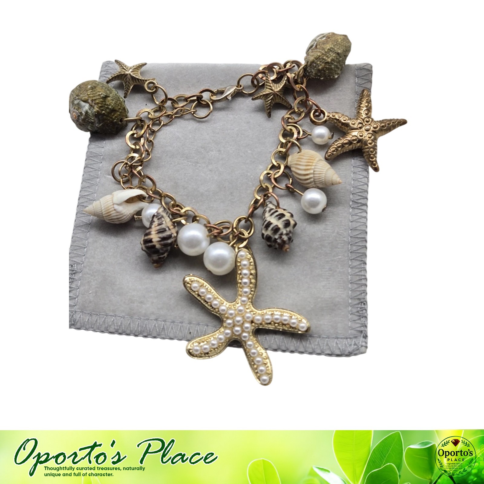 Nautical Theme Bracelet Shell Charms Goldtone Metal Chain Faux White Pearls Read gallery
