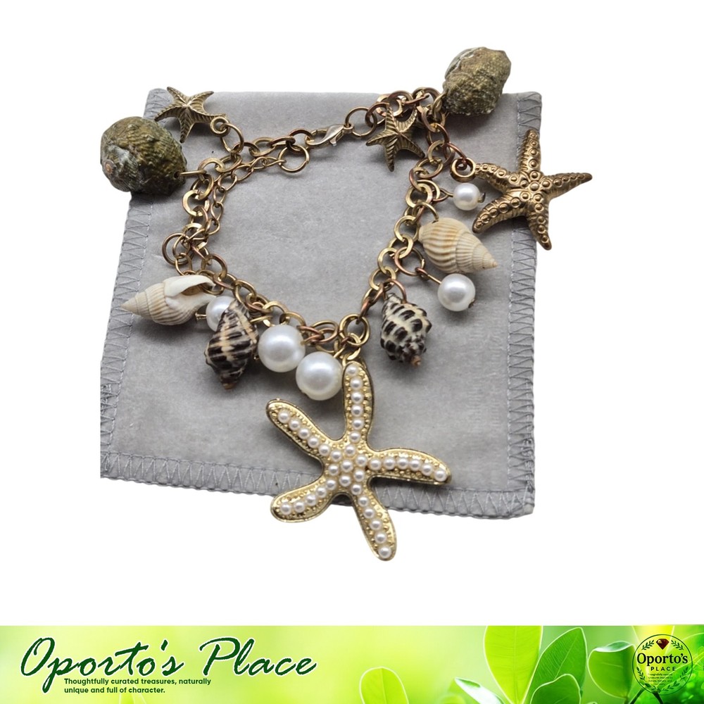 Nautical Theme Bracelet Shell Charms Goldtone Metal Chain Faux White Pearls Read