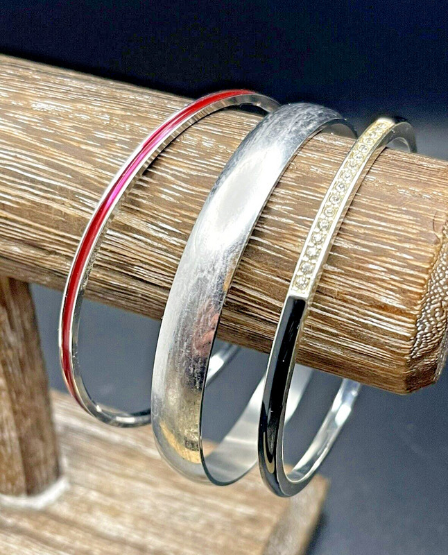 Three Silver Metal Slim Bangle Bracelets Trifari & Unsigned Enamel Rhinestones gallery