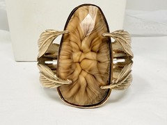 Gold tone Leaf Brown Marbled Plastic Inset 2.5″ Wide Clamper Bracelet