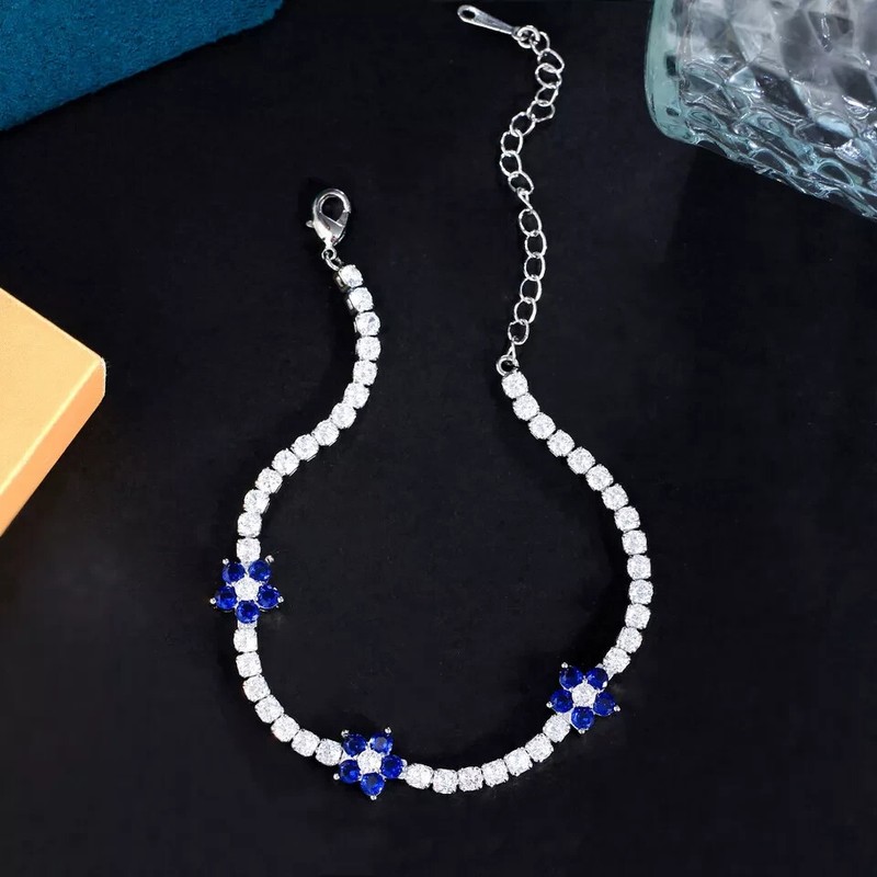 6 Ct Simulated Sapphire 925 White Sterling Silver Fancy Floral Tennis Bracelet gallery