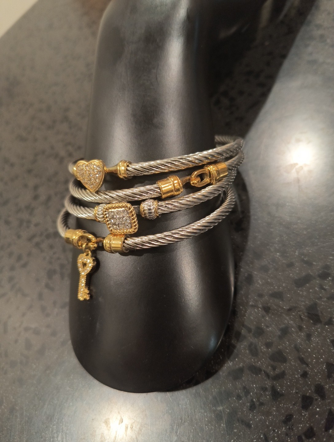 4 Bracelets Silver Gold Tone Stacking Rope Twist Cable Rhinestone Charms gallery