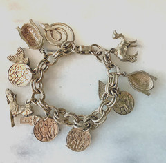 Vintage Egyptian Revival Charm Bracelet Coins Sphinx Pyramid Mummy Snake 6″