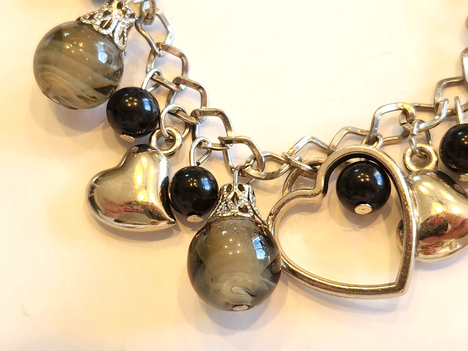 Silvertone Charm Bracelet Hearts Glass Beads Love Romance Beauty Baubles Boho gallery