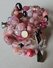 Vintage Pink & White & Silver-Tone & Clear Wrap Around Beaded Charm Bracelet