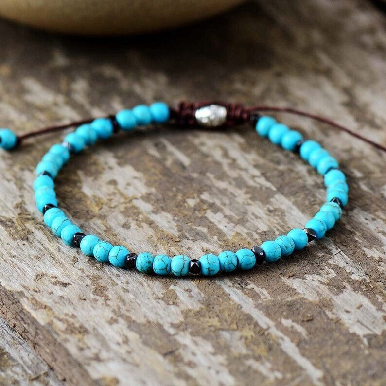 Turquoise Natural Stone Handmade Healing Reiki 4mm Round Bead Dainty Bracelet gallery