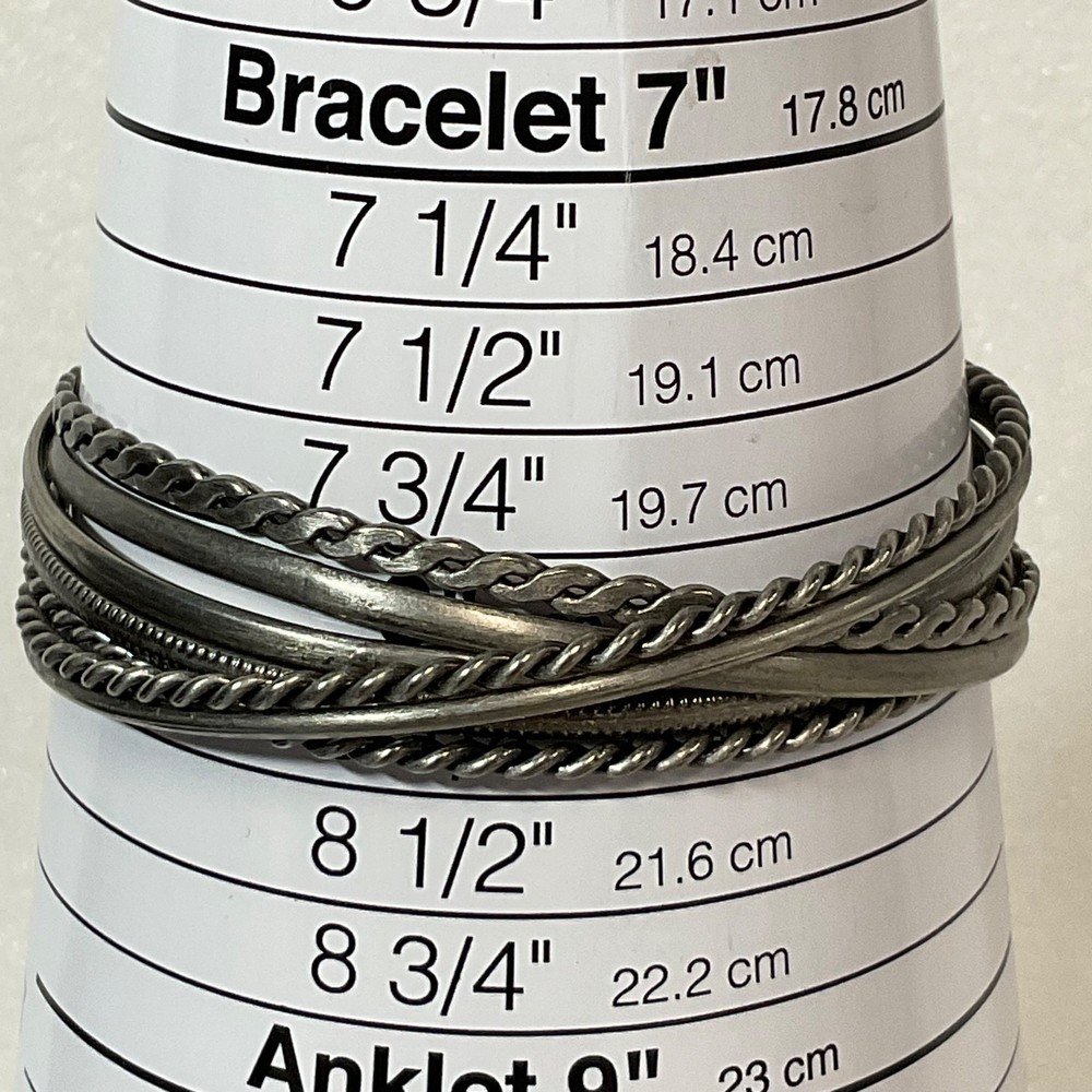 Set of 5 Silver Tone Bangle Bracelets 8in Mixed Twisted & Smooth Stackable 37g