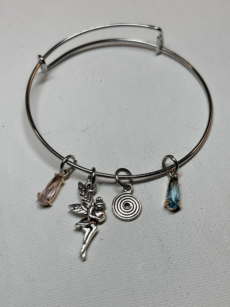 Silver Tone Wire Bangle Charm Bracelet Fairy Dangle Charms Multicolor Crystals