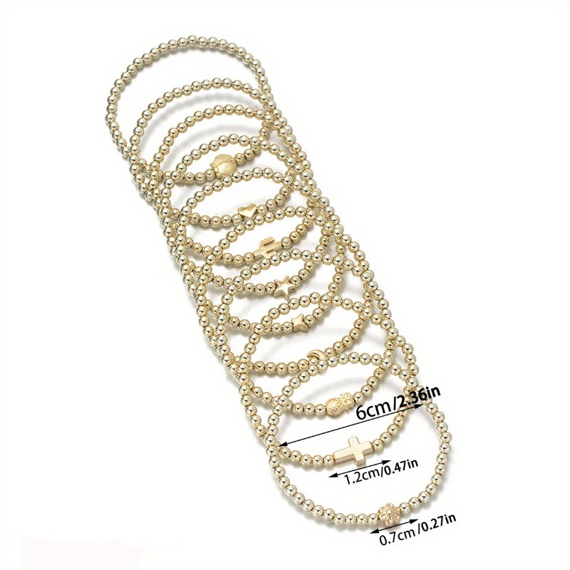 9Pcs Silver Beaded Stackable Bracelets Cross Shell Heart Beach Jewelry gallery