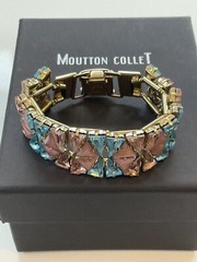 Bracelet, Moutton Collet, Blue And Pink Bohemian Crystal And Gold Tone Bracelet