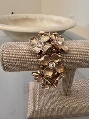 Gold Tone Flower Cuff Bracelet with Clear Round Crystal Centers, Bezel Set