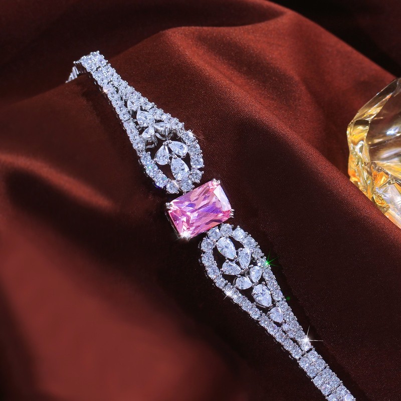 Silver Plated Pink Baguette Cubic Zirconia Wide Bracelet Bangle for Women Bridal gallery