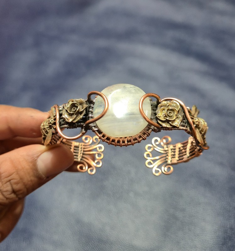 Rainbow Moonstone Copper Wire Wrapped Adjustable Cuff Bangle Statement Jewelry gallery