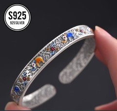 Silver Colorful Ornate Elephant Theme Cuff Bracelet