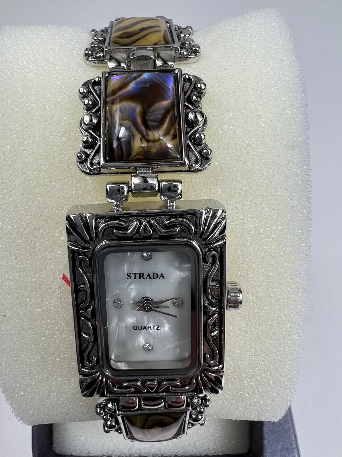STRADA Sculpted Silver Tone Metal + Abalone Shell Rectangle Bracelet Watch NWT gallery