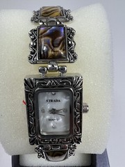 STRADA Sculpted Silver Tone Metal + Abalone Shell Rectangle Bracelet Watch NWT