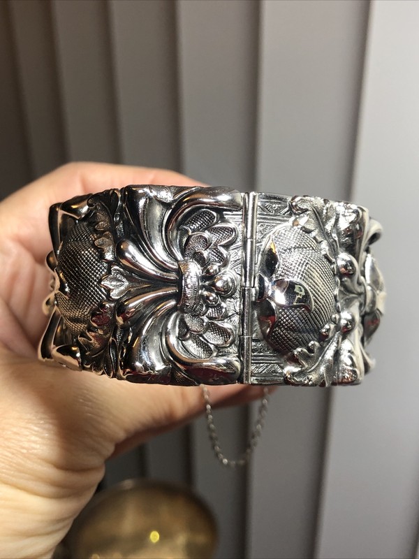 2. Whiting & Davis Silver tone Wide Repousse Bangle Safety chain Bracelet 7 1/4" gallery