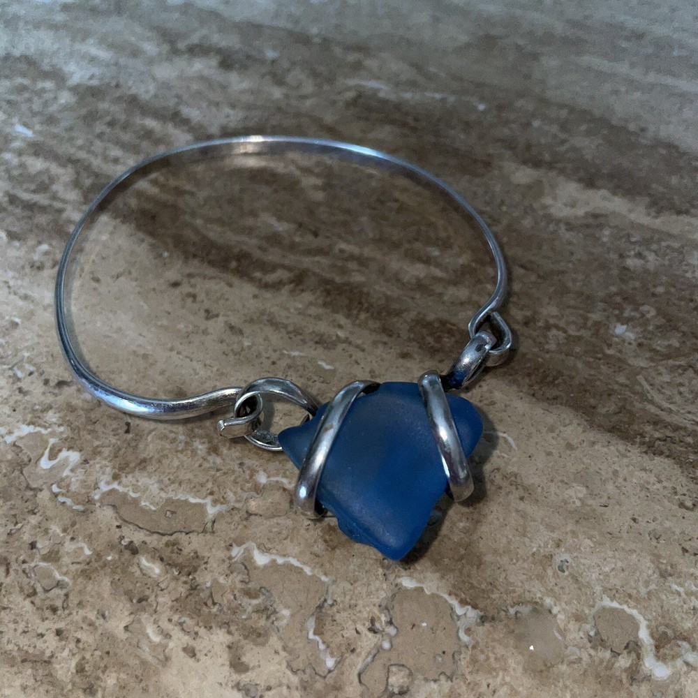 Sterling Silver Bangle Bracelet Hook and Eye Clasp Blue Sea Glass Artist Made